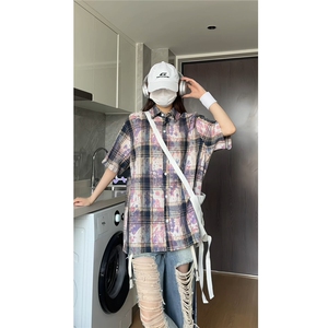 抖音夏装男士泼墨扎染时尚格子短袖衬衫休闲衬衣 CS800-特P35图片