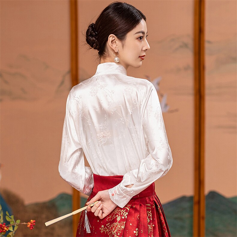 芷墨春季新款复古通勤百搭新中式衬衫简约纯色宽松立领衬衫上衣女,女装衬衫,芷墨服饰