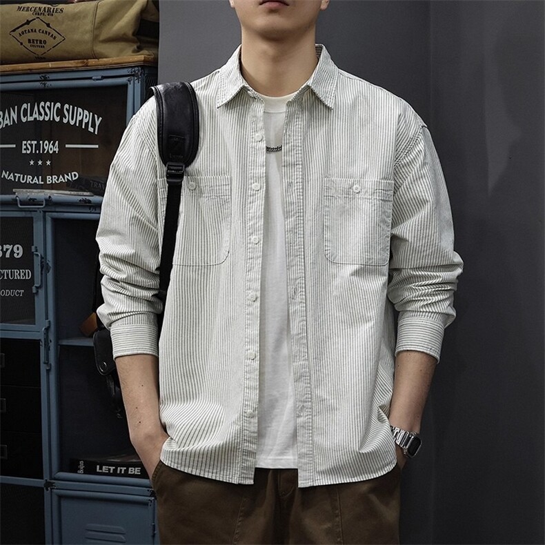 条纹美式衬衫男长袖春季2025新款休闲衣服潮流百搭高级感大码春秋，男装衬衫，星座506A