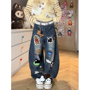 美式时尚高级感个性潮流休闲拖地阔脚裤水洗牛仔裤男女款NZB188图片