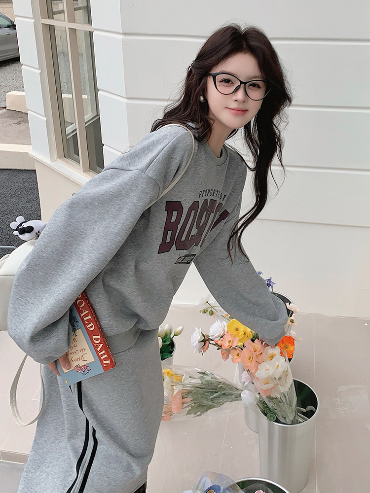 慵懒风灰色卫衣套装裙女2025春季新款设计感蕾丝拼接半身裙两件套,女装套装/套裙,浙宝103（原192）