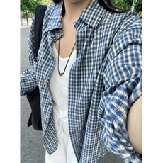 蓝色衬衫女秋季街头polo领格子衬衣休闲外套oversize美式复古上衣，男装衬衫，星座506A