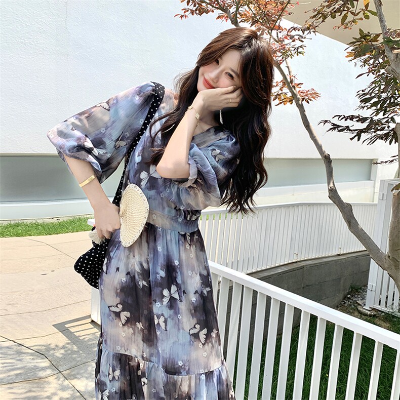 长裙碎花轻熟风夏季洋气小众蝴蝶法式连衣裙中长款显瘦气质小个子图片
