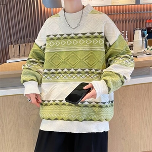 条纹拼接毛衣男冬新款设计感小众日系慵懒风宽松针织衫MZ490-P47图片