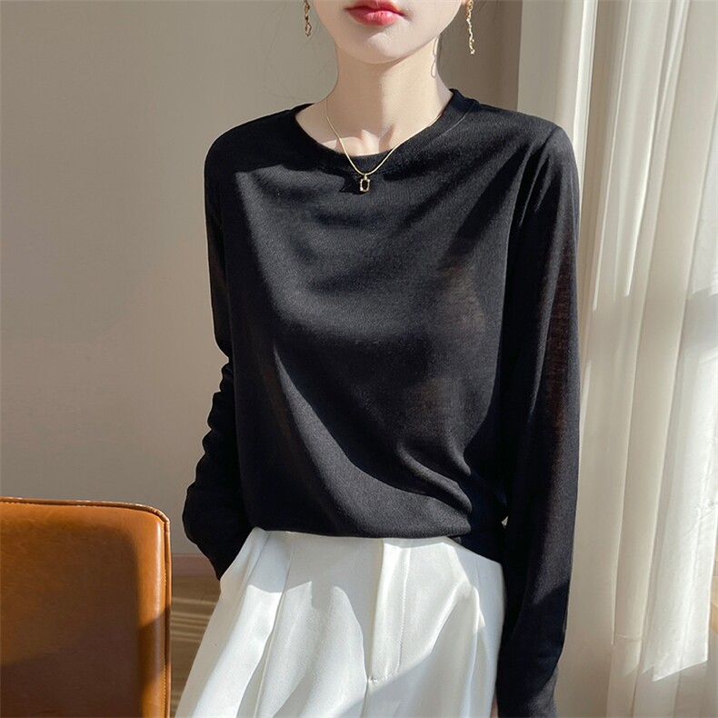 欧洲站2024春夏新款薄款纯色面膜长袖T恤女宽松圆领打底衫上衣潮，女装蕾丝衫/雪纺衫，羊特美羊绒