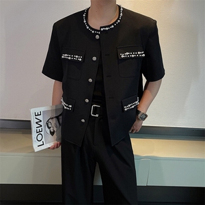 夏季高级感网红小香风珍珠轻奢短袖夹克外套男痞帅上衣JK2368P108图片