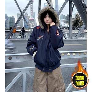现货高品质美式高街重磅刺绣座山雕大毛毛领棉衣男女加厚棉服外套图片