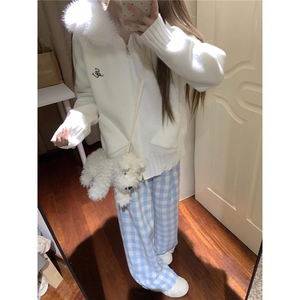 韩系小个子复古时尚毛领连帽针织开衫女春秋宽松百搭外穿毛衣外套图片