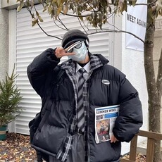 美式复古设计感拼接格子棉服宽松假两件防风翻领加厚面包服外套，男装棉衣，星座410-6（原星座1304-1）