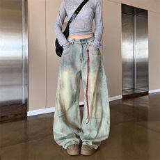 美式复古脏染做旧解构弯刀牛仔裤女新款宽松阔腿长裤NZ1450-P50，男装牛仔裤，星座308B-2