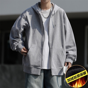 男士加绒加厚保暖连帽卫衣纯色开衫上衣外套潮流ins EE017-P30图片