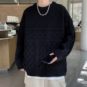 港风秋冬男圆领套头毛衣条纹针织衫提花拼接休闲外套M0236P55,出游穿搭夏季显瘦图片
