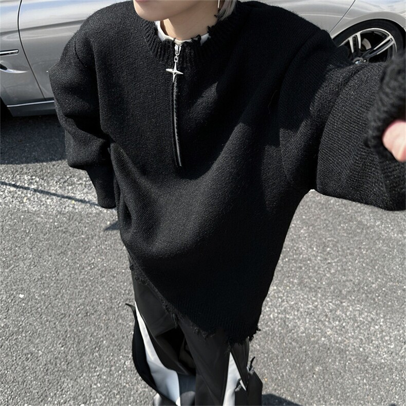 美式高街半拉链破坏毛衣男秋冬嘻哈潮牌情侣宽松慵懒风小众针织衫图片