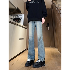 现货主推渐变复古蓝微喇直筒松紧腰休闲牛仔裤男女K5809-P50控69，男装牛仔裤，星座205