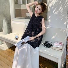 2025新款韩系甜美无袖波点连衣裙子女夏季设计感撞色拼接背心长裙，女装连衣裙，流量+