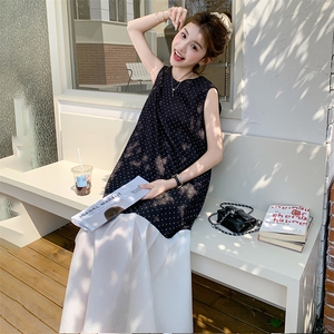 2025新款韩系甜美无袖波点连衣裙子女夏季设计感撞色拼接背心长裙图片