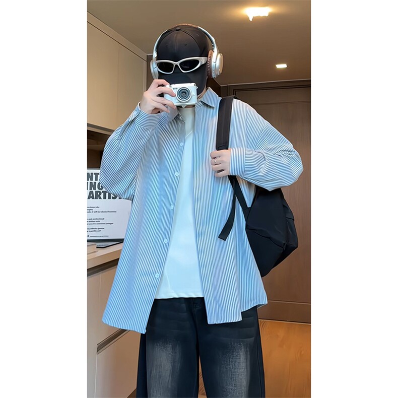 日系复古条纹长袖衬衫男高级感穿搭大码休闲衬衣外套C2251-特价28,男装衬衫,电商A007