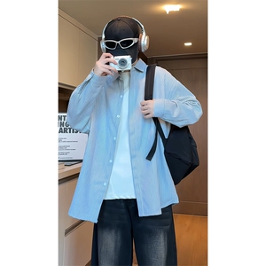 日系复古条纹长袖衬衫男高级感穿搭大码休闲衬衣外套C2251-特价28图片