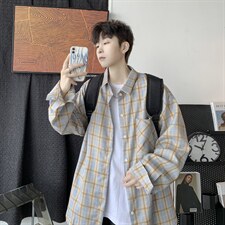 21秋新款港风ins长袖格子衬衫学生衬衣小清新外套男中性 H210/P45图片