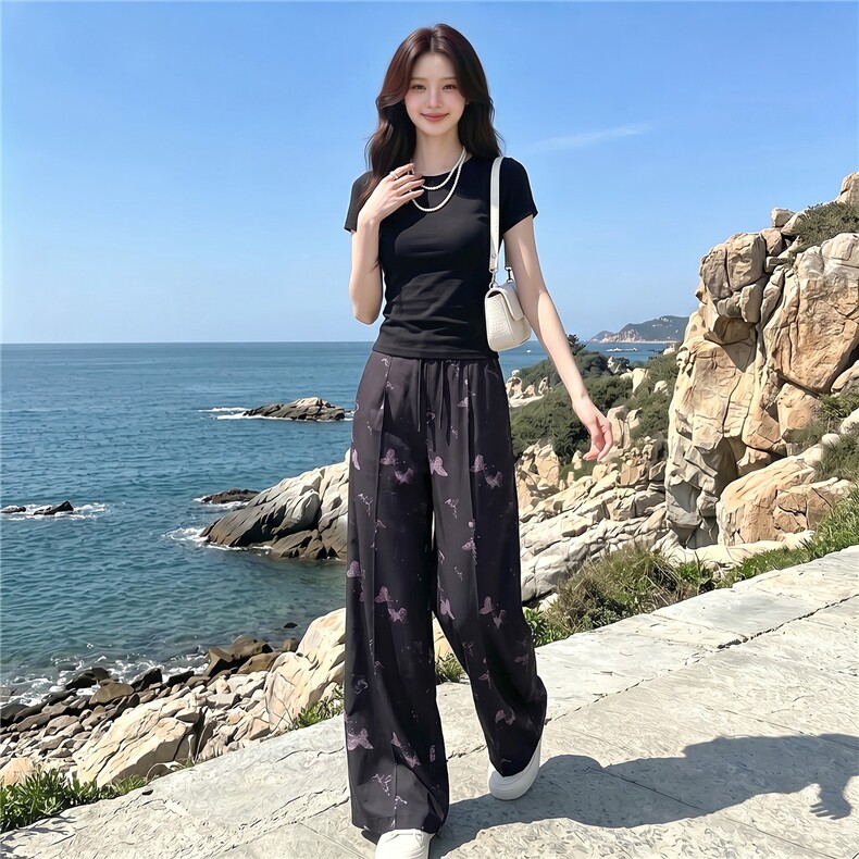女夏季高级感休闲运动套装圆领收腰短袖阔腿蝴蝶印花长裤两件套潮,女装套装/套裙,江南