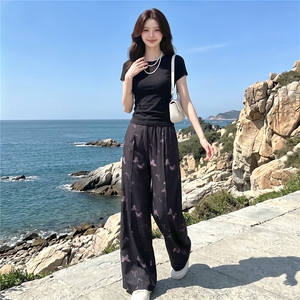 女夏季高级感休闲运动套装圆领收腰短袖阔腿蝴蝶印花长裤两件套潮图片