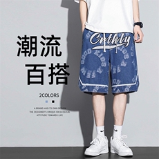 字母印花美式牛仔短裤男夏s宽松直筒大裤衩过膝中裤DK22872-P48，男装牛仔裤，电商A042