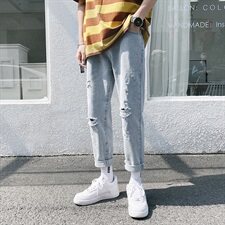 牛仔裤男长裤韩版潮流直筒潮牌ins九分裤宽松破洞乞丐裤，男装牛仔裤，电商A318