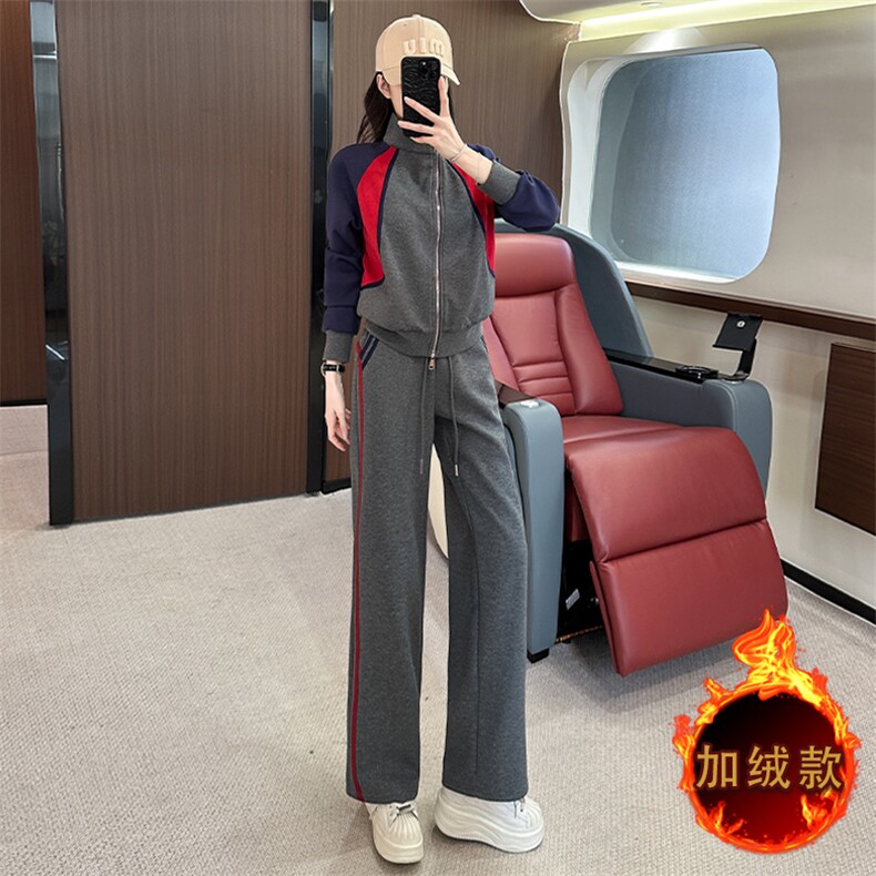 秋冬新款女式加绒撞色卫衣阔腿裤套装显瘦时尚休闲两件套,女装套装/套裙,江南