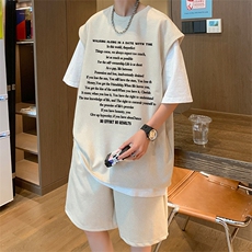 直播美式麂皮绒宽松背心无袖t恤短裤大码两件套套装TZ25-P58，男装T恤，电商A486