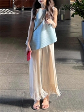 三宅风套装夏女2025新款褶皱法式小资套装2025超火两件套夏装，女装套装/套裙，灵动羽绒服工厂