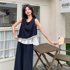 韩版撞色拼接背心休闲裤套装女2025夏季新款气质显瘦度假风两件套，女装套装/套裙，维壹