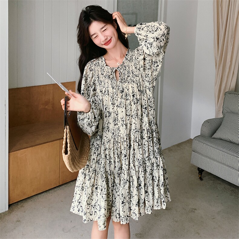 法式复古碎花连衣裙女2025春秋季新款韩系温柔风显瘦茶歇A字短裙,女装连衣裙,2C260