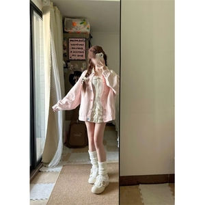 粉色碎花撞色翻领外套女春秋2025新款宽松甜美可爱设计感小众夹克图片