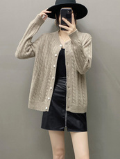 2025年秋季甜美长袖常规加厚圆领时尚百搭开衫，女装针织衫/毛衣，织绒羊