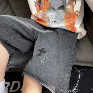 牛仔短裤男夏季港风新款松紧腰高街青少年宽松直筒休闲五分裤图片