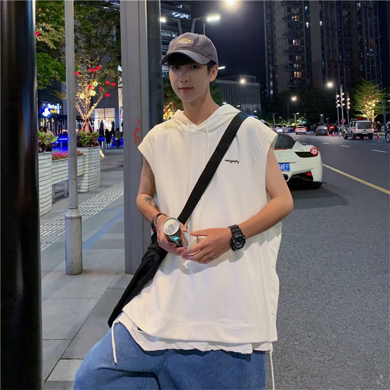 无袖t恤男夏季排扣背心连帽开叉潮流运动坎肩新款马甲M350-p30，男装背心/马甲，星座1008