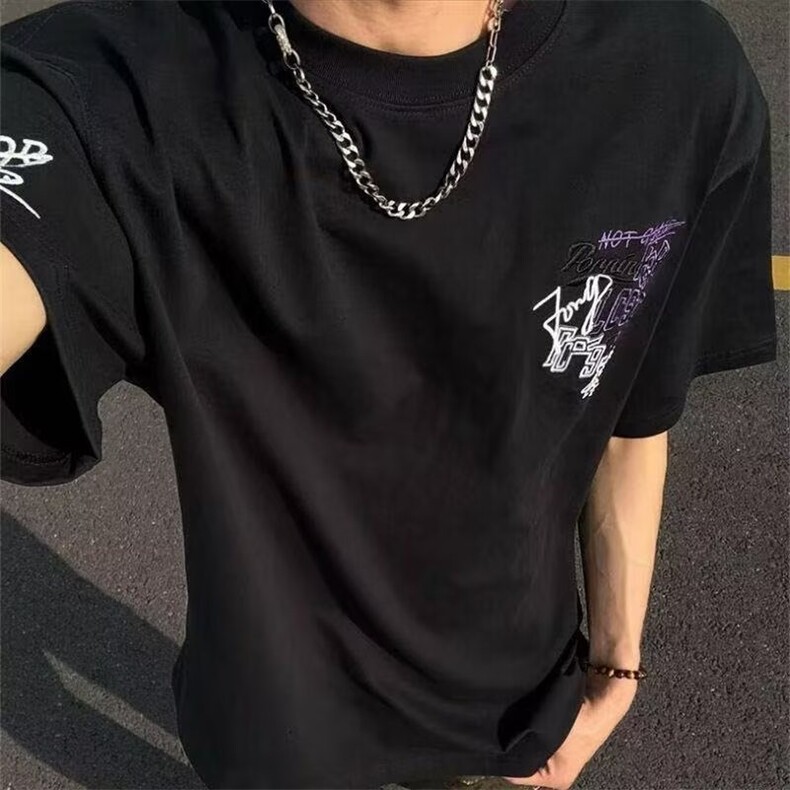 个性设计感潮牌字母刺绣短袖T恤男夏季新款纯棉重磅美式宽松上衣图片