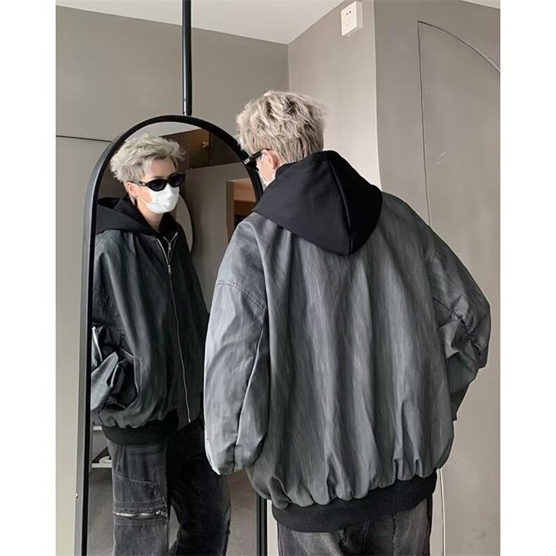 设计美式复古棒球服男春季宽松休闲短款连帽pu皮纹理夹克外套潮流,男装夹克,星座1013-1