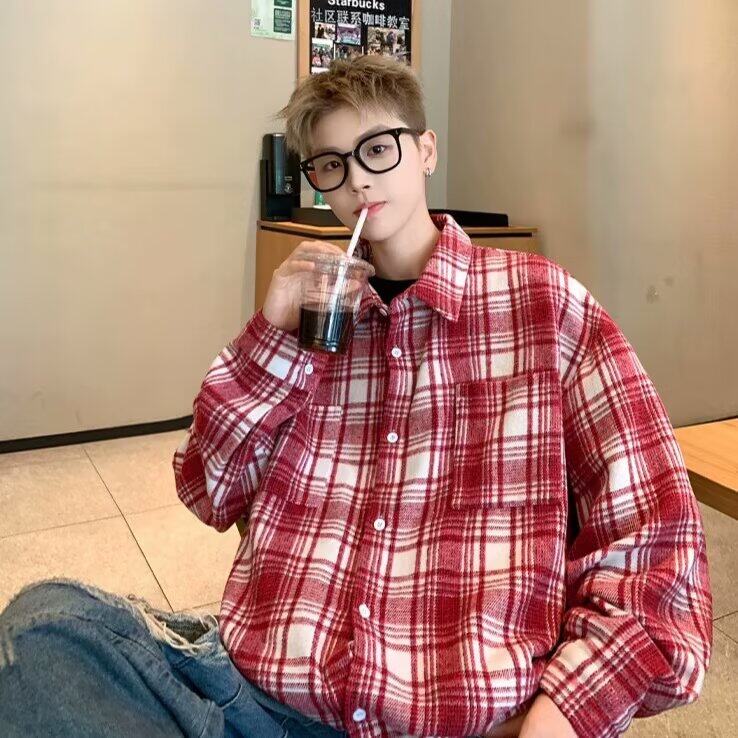 网络图美式复古格子衬衫男生春秋款高街翻领长袖衬衣潮牌大码外套,男装衬衫,星座715-4