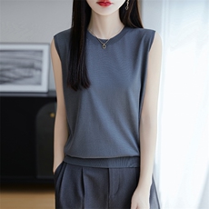 夏季新款简约休闲醋酸圆领无袖女士百搭时尚显瘦上衣，女装针织衫/毛衣，朝思羊绒