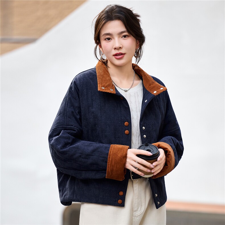 2025年冬季灯芯绒撞色翻领拼接夹棉棉服短外套棉衣,女装棉衣/棉服,简韵佳
