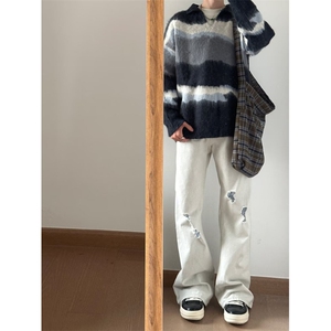 秋冬慵懒风撞色条纹情侣装v领撞色毛衣美式翻领针织衫上衣打底衫图片