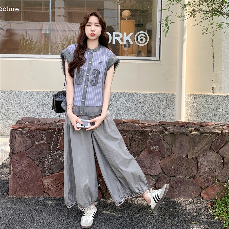 设计感假两件无袖衬衫套装女2025夏季新款韩版工装风阔腿裤两件套,女装套装/套裙,2C211