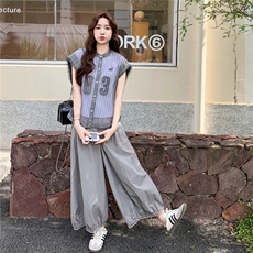 设计感假两件无袖衬衫套装女2025夏季新款韩版工装风阔腿裤两件套，女装套装/套裙，2C211