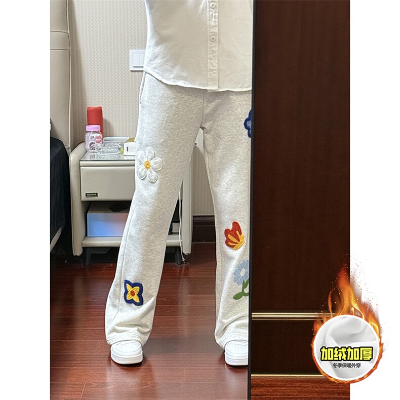 抖音得物高品质秋冬季重磅花卉刺绣潮流运动宽松加绒直筒休闲卫裤，男装休闲裤，电商A486-1