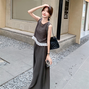 法式气质撞色背心上衣套装女2025夏季新款显瘦休闲阔腿长裤两件套图片