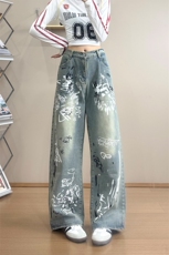B221美式ins高街宽松直筒个性涂鸦牛仔裤LK24424-特P52控88，男装牛仔裤，电商B221