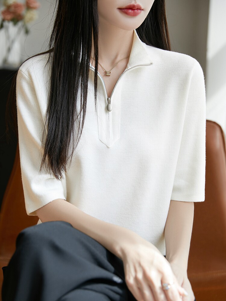 拉链半开领时尚显瘦五分袖夏季薄韩版百搭T恤宽松气质半袖,女装T恤,暖烁羊绒