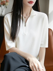 拉链半开领时尚显瘦五分袖夏季薄韩版百搭T恤宽松气质半袖，女装T恤，暖烁羊绒