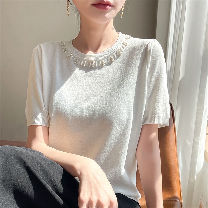 2025新款夏季冰丝针织短袖打底t恤女宽松遮肚高级感真丝上衣图片